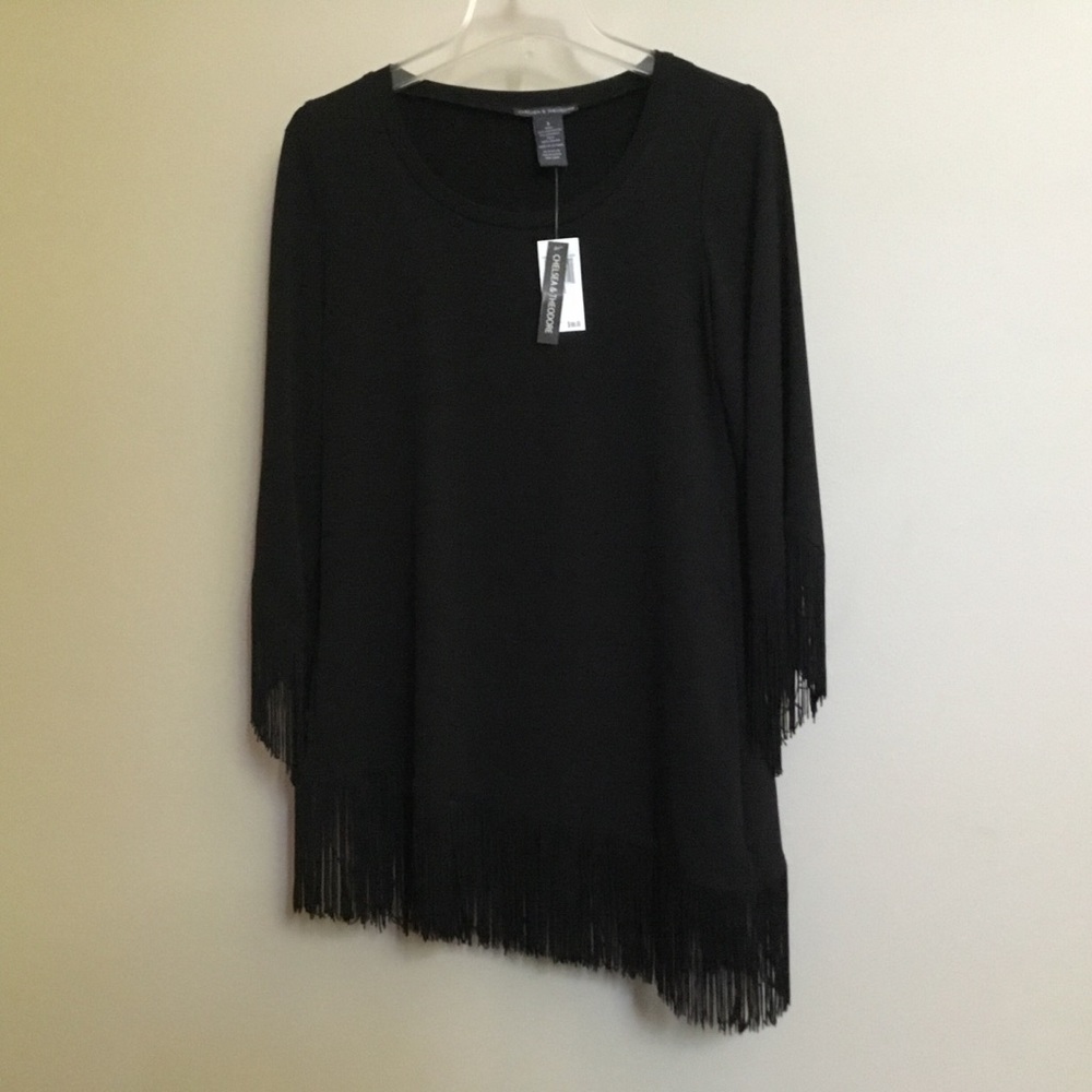 NWT $69 CHELSEA THEODORE black fringe tunic top S